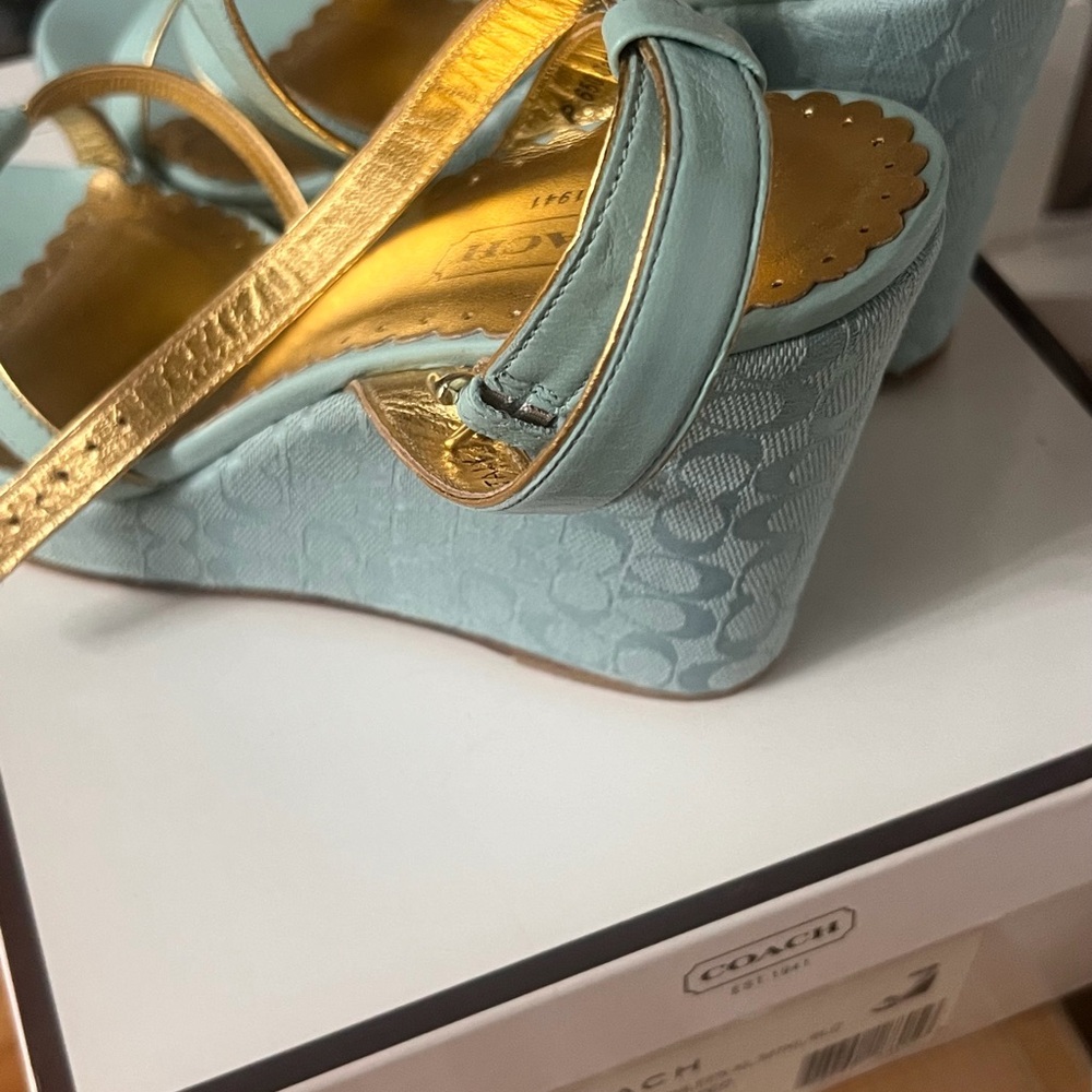 Coach Women's Light Blue and Gold Wedge Sandals - Picture 10 of 10
